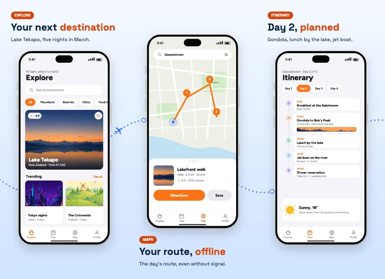 Boarding Pass App Store screenshot template: sky blue, a dotted flight route across the set, ticket-style labels