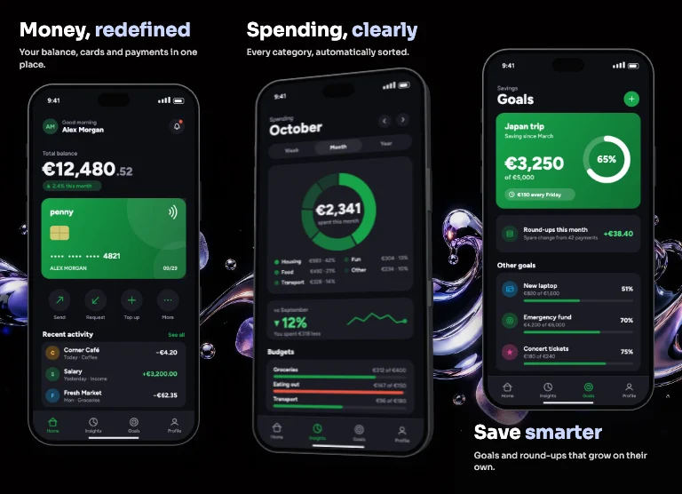 Chrome App Store screenshot template: liquid chrome and glass on black running across the set, crisp white type, phones turned in 3D