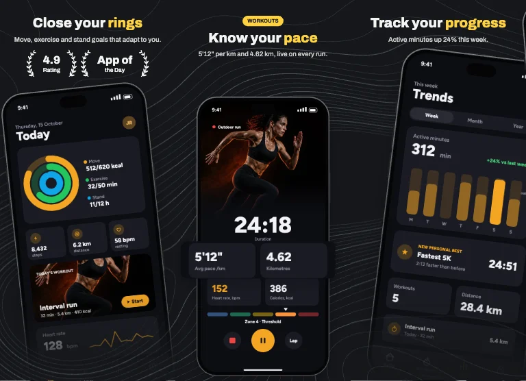 Contour App Store screenshot template: charcoal with map contour lines across the set, yellow keywords, award laurels