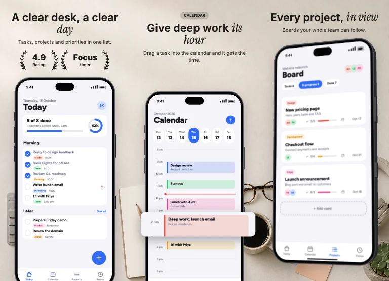 Desk App Store screenshot template: a tidy desk seen from above across the set, a serif word in a sans headline