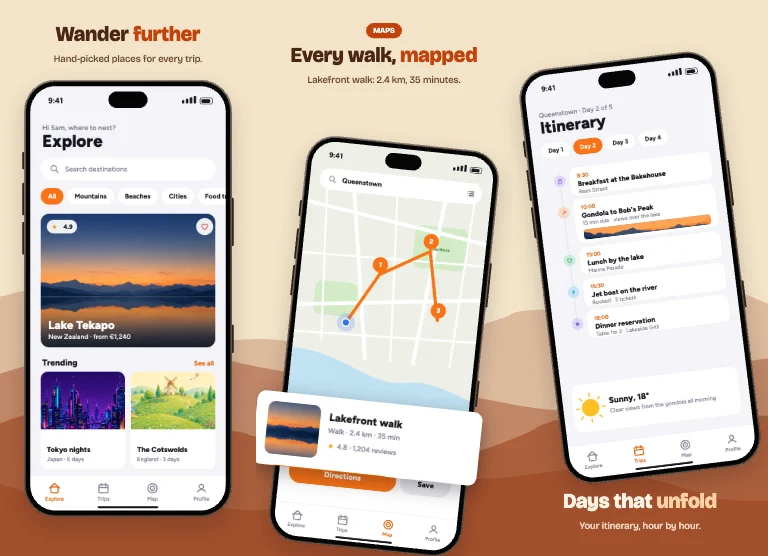 Dune App Store screenshot template: sand and terracotta, layered dunes running under every phone