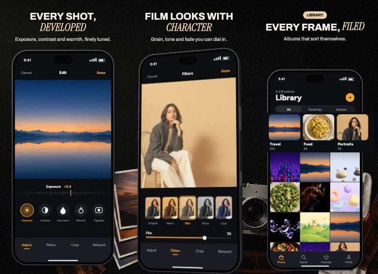 Film App Store screenshot template: film strips, prints and a camera on black across the set, small caps with one word in italic serif