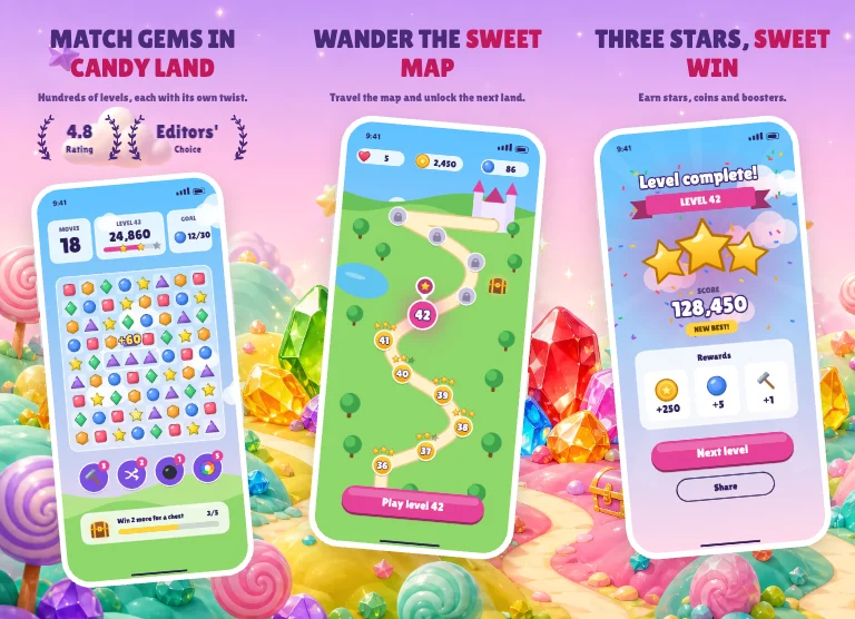 Gem Land App Store screenshot template: candy hills and glowing gems across the set, chunky caps in purple, clay phones
