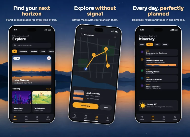 Horizon App Store screenshot template: one wide landscape photo at dusk running across the whole set