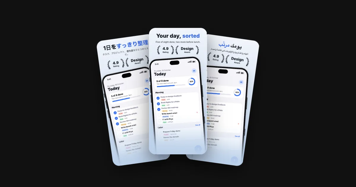 Localized App Store screenshots: 39 languages from one design, right to left included.