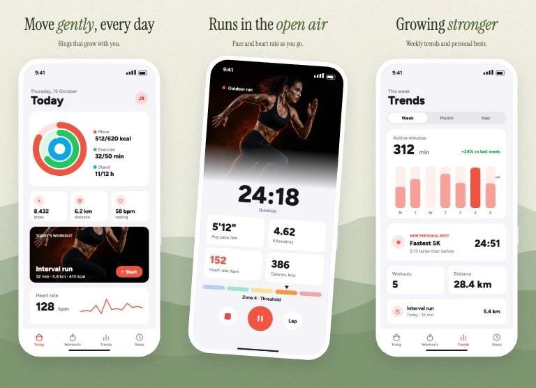 Meadow App Store screenshot template: sage and cream, rolling hills across the set, clay phones, a serif voice