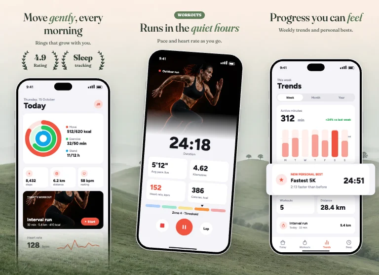 Mist App Store screenshot template: green hills in morning fog across the set, serif headlines with an italic word, phones fading into the mist