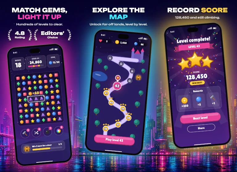 Night City App Store screenshot template: a neon skyline at night across the set, wide caps and phones that glow