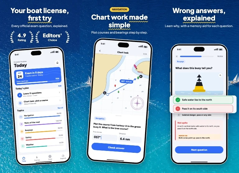 Open Water App Store screenshot template: the sea seen from above runs across the set, boats drawing white wakes between the phones, a word underlined like a wave