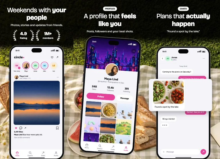 Picnic App Store screenshot template: a picnic blanket on the grass seen from above across the set, light words with one heavy one