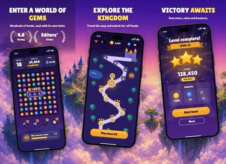 Realm App Store screenshot template: a painted fantasy world across the set, chunky caps and award laurels