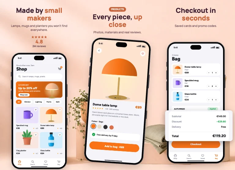 Showcase App Store screenshot template: home goods on plinths in a blush studio across the set, rounded sans, ratings up front