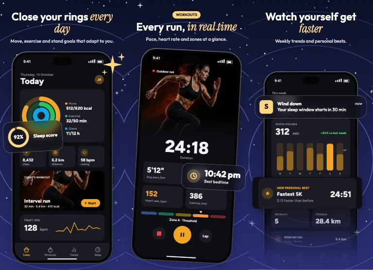 Stargazer App Store screenshot template: a starry night sky across the set, frosted glass cards, gold in the headline
