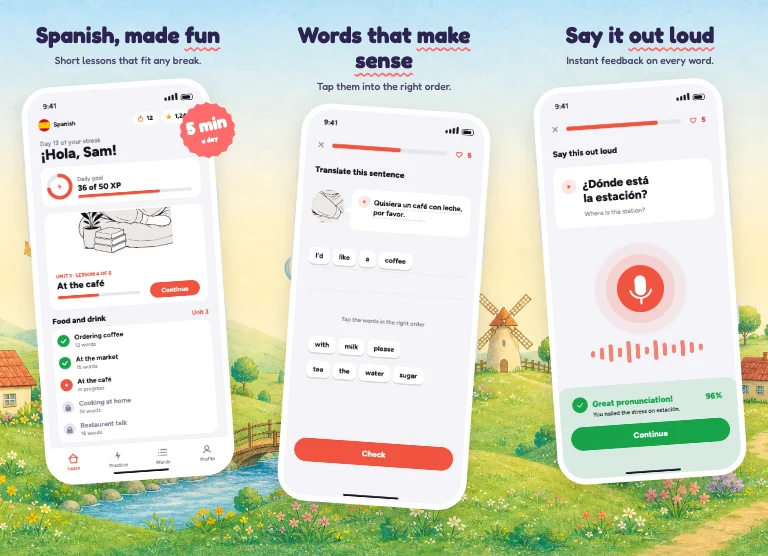 Storybook App Store screenshot template: soft illustrated hills and tiny houses across the set, rounded type with hand-drawn underlines