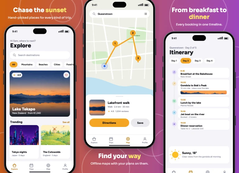 Sunset panorama App Store screenshot template: orange to violet across the whole set