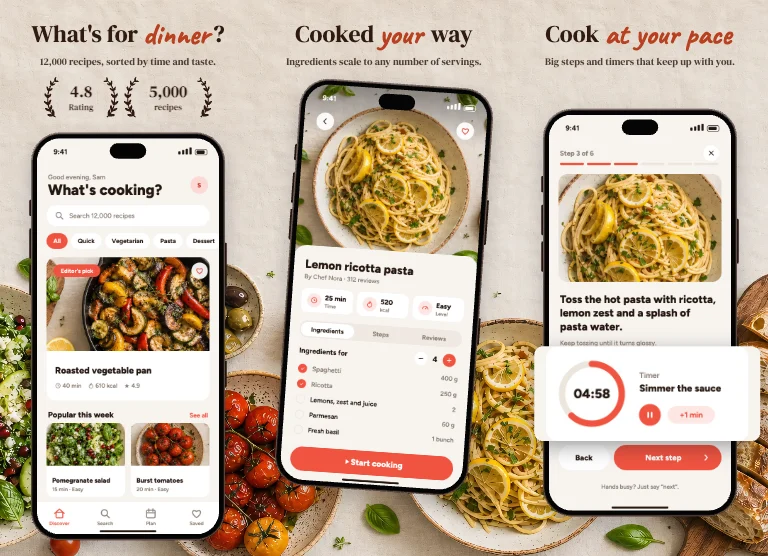 Tabletop App Store screenshot template: a food spread on linen seen from above runs across the set, serif captions with a handwritten word